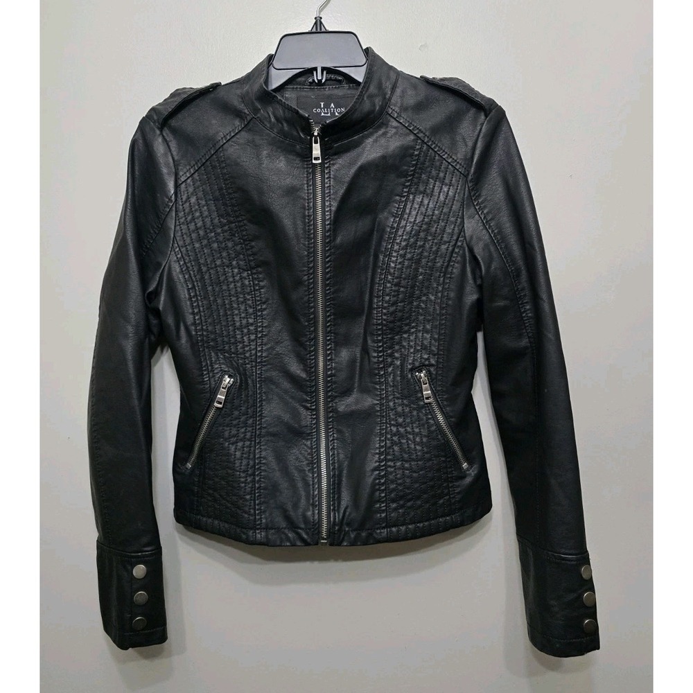 LA Coalition Faux Leather Motorcycle Moto Black Jacket Size Small Silver Zippers